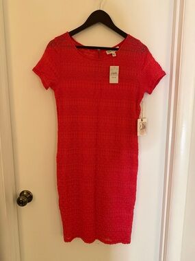 Jessica Simpson Coral Pink Lace Short-Sleeve Stretchy Midi Dress